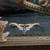 2 Prong Marquise & Round Cut Tanzanite Curved Wedding Band Stacking Ring